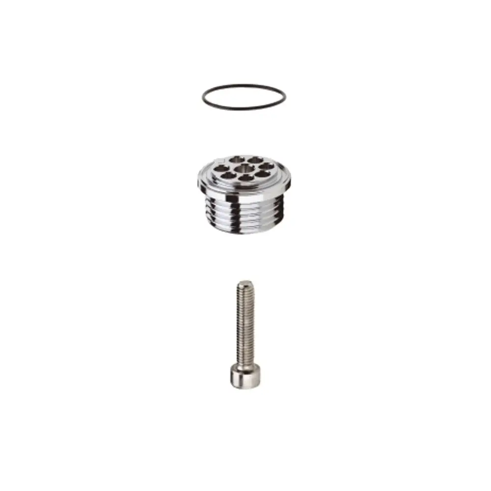 Ersatzteil von Hansgrohe mit mehreren Komponenten: ein runder Auslaufnippel, ein O-Ring und eine Schraube. Ideal für Installationen und Reparaturen im Sanitärbereich.